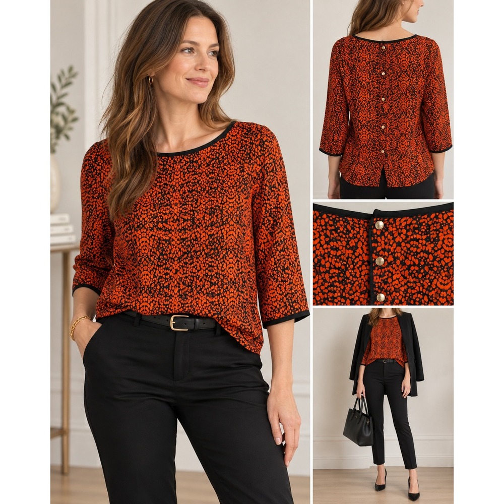 Ann Taylor Blouse XSP Red Black Abstract Button Back 3/4 Sleeve Petite Top